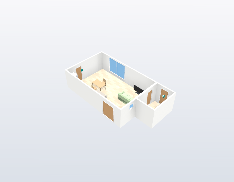 サンプル物件のLDKと玄関に番号付きの付箋を表示した3D描画